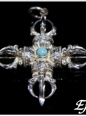 手工锻造 十字金刚杵  镶嵌松石 S925纯银吊坠