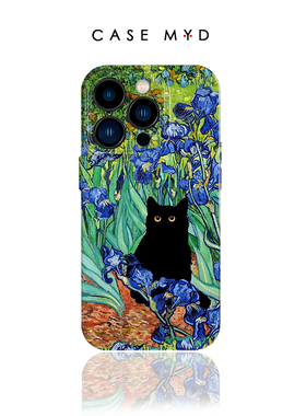 个性蓝色花油画猫咪适用苹果16 15 12 11手机壳小米14 mate70pro 60 50 40荣耀200 k30 iPhone13ProMax不撞款
