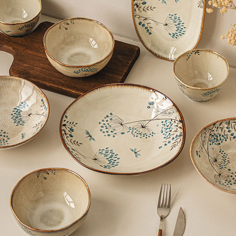 悠瓷 蒲公英系列陶瓷碗家用碗碟碗盘组合中古风高颜值餐具汤面碗