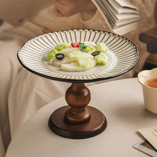 悠瓷 覆古陶瓷果盘轻奢木质高脚托 托盘家用水果盘乔迁新居玄关摆