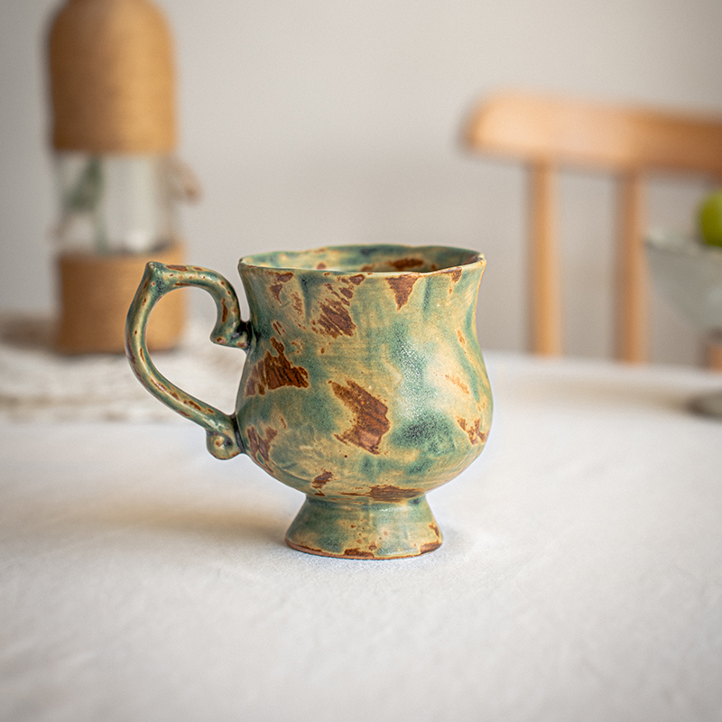 悠瓷手作粗陶花朵杯高脚杯咖啡杯