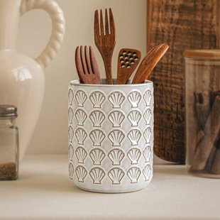 悠瓷 设计感扇贝陶瓷浮雕收纳罐厨房筷子勺子收纳筒复古创意摆件
