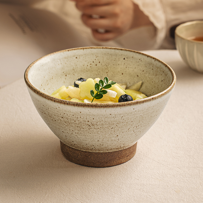 悠瓷 覆古手作粗陶6.5英寸高脚碗家用个性陶瓷碗日式拉面 面碗斗