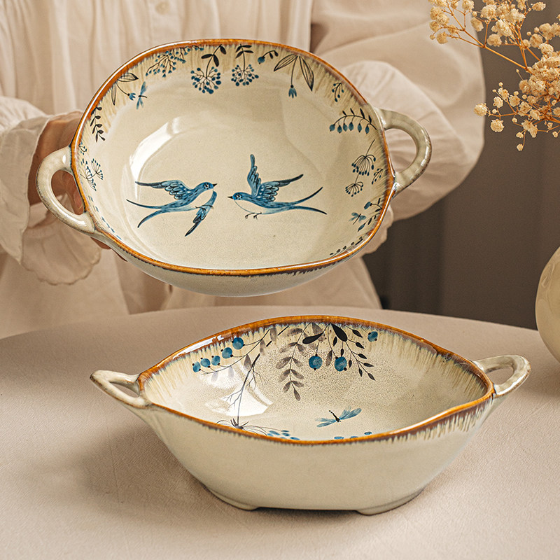 悠瓷 7.5英寸不规则双耳汤碗陶瓷面碗家用高颜值菜碗水果沙拉碗,餐饮具,碗,淘宝优惠券,粉丝福利购,淘宝优惠卷