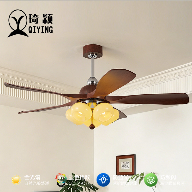 法式复古南洋风卧室餐厅风扇吊灯中古木纹大风力变频静音电扇一体