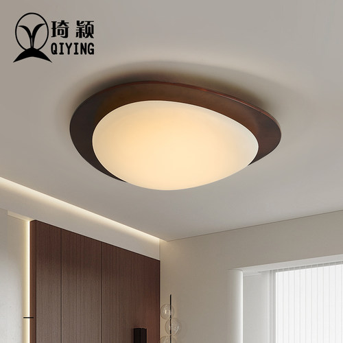 侘寂风复古卧室书房鹅卵石吸顶灯中古vintage阳台过道护眼实木灯