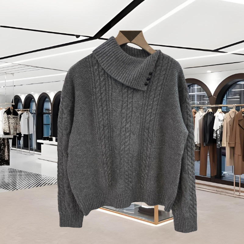 南油高端欧货翻领绵羊毛兔毛麻花针织衫长袖上衣女冬新款毛衣