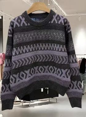 29228正版2025冬季圆领宽松复古菱形格兔毛绵羊毛针织衫毛衣女