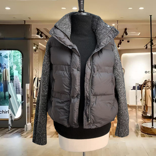 南油高端女装高定款黑色短款时髦面包高端羽绒服拼接毛织袖子