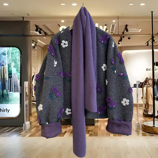 欧货小香风设计感立体花朵鹅绒服羊毛外套冬季加厚小个子羽绒服