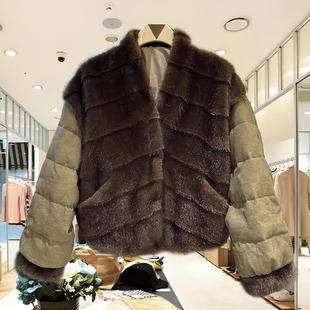 南油高端羽绒服欧货高端轻奢水貂毛V领加厚白鸭绒羽绒服外套冬女