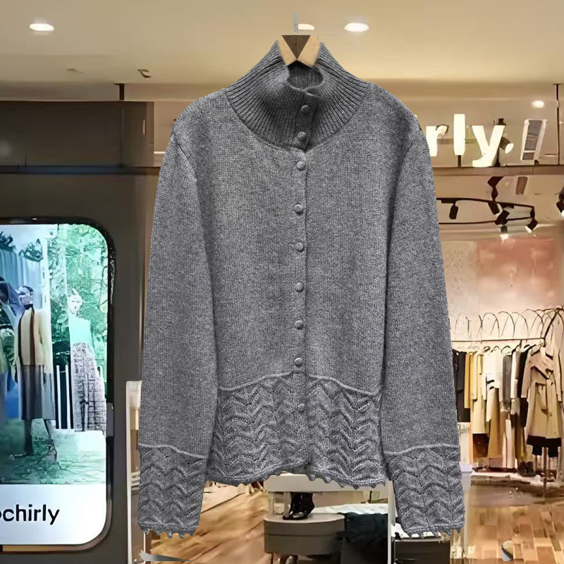 75160韩版高领单排扣针织开衫镂空花纹拼接减龄毛衣百搭上衣潮