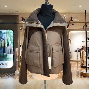 高端欧货羽绒服2025 咖色高端洋气羽绒服潮流新款女装拼接外套