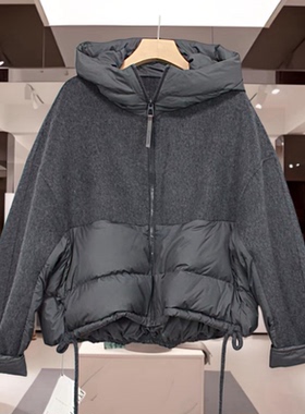 欧洲站08168女冬连帽羊毛呢拼接新国标90白鸭绒羽绒服宽松外套