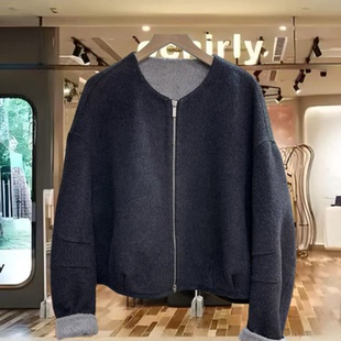 深灰无领拉链短款毛呢外套女羊毛羊绒大衣休闲简约风上衣