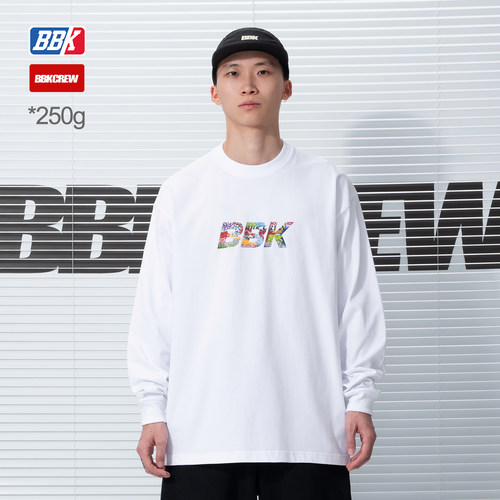 BBK 250g宽松T恤街舞BBOY滑板 重磅小领口长袖HIPHOP潮流运动涂鸦