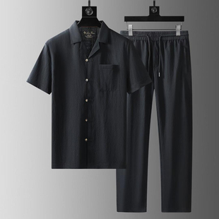 高端时尚棉麻短袖西装休闲套装男士夏季薄款亚麻开衫两件套男帅气