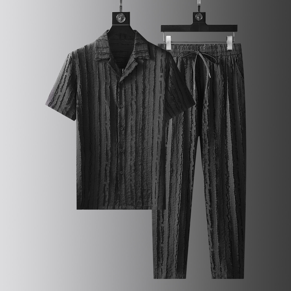 高端夏季薄款西装领开衫短袖休闲时尚套装男士条纹衬衫两件套整套