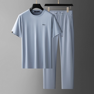 高端夏季弹力冰丝休闲运动套装男士夏天薄款天丝短袖两件套男舒适