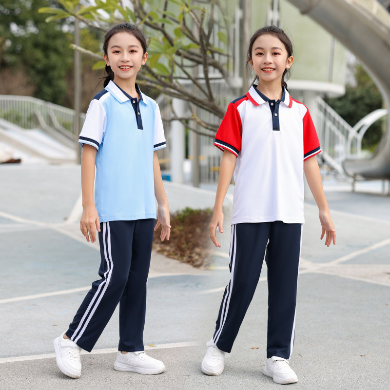儿童夏季白红初高中生校服套装小学生班服中性拼接情侣运动服长裤
