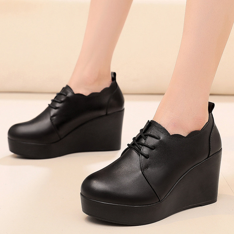 真皮深口系带休闲鞋舒适百搭女鞋英伦风皮鞋坡跟防水台花边单鞋,女鞋,深口单鞋,淘宝优惠券,粉丝福利购,淘宝优惠卷