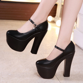 圆头浅口一字扣带旗袍秀模特鞋 15CM超高跟粗跟防水台合唱团演出鞋