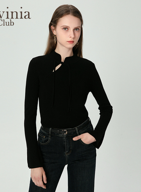 Lavinia秋冬新品新中式国潮长袖修身立领羊毛混纺针织衫女I47Z114