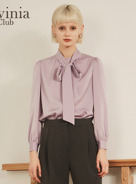 Lavinia春秋新款立领蝴蝶结系带法式通勤OL气质雪纺衬衫女P27C103