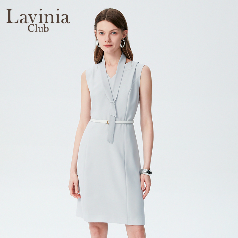 Lavinia 夏新款蓝灰商务风职场百搭通勤v领气质连衣裙J43L142