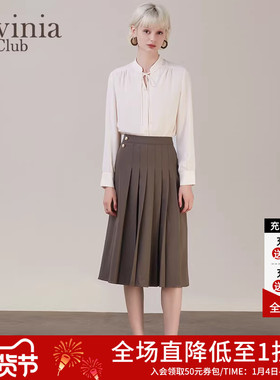 拉维妮娅半身裙女春秋新款高腰A字百褶裙修身显瘦中长裙R25Q112S