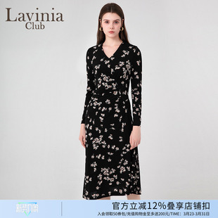 法式 长裙高级感裙子女P45L108 碎花设计感黑色连衣裙早春新款