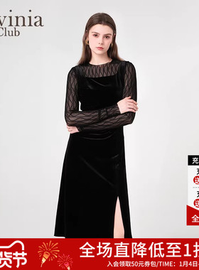 Lavinia春秋优雅气质小黑裙修身显瘦仿丝绒吊带连衣裙女J45L150S