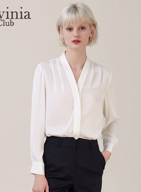 春秋新款气质真丝V领衬衫女通勤百搭褶皱桑蚕丝显瘦衬衣J45C112P
