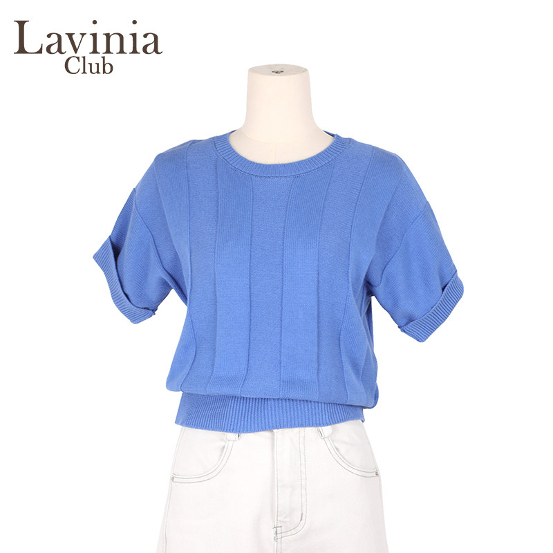 Lavinia夏新款气质时尚圆领套头条纹提花针织短袖T恤衫女Y51Z119