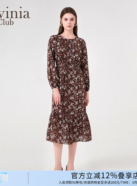 Lavinia连衣裙春秋新品优雅气质通勤碎花长袖中长裙女P45L50