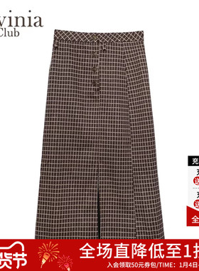 Lavinia复古格纹半身裙女春秋新款职场气质通勤高腰直筒A字包臀裙