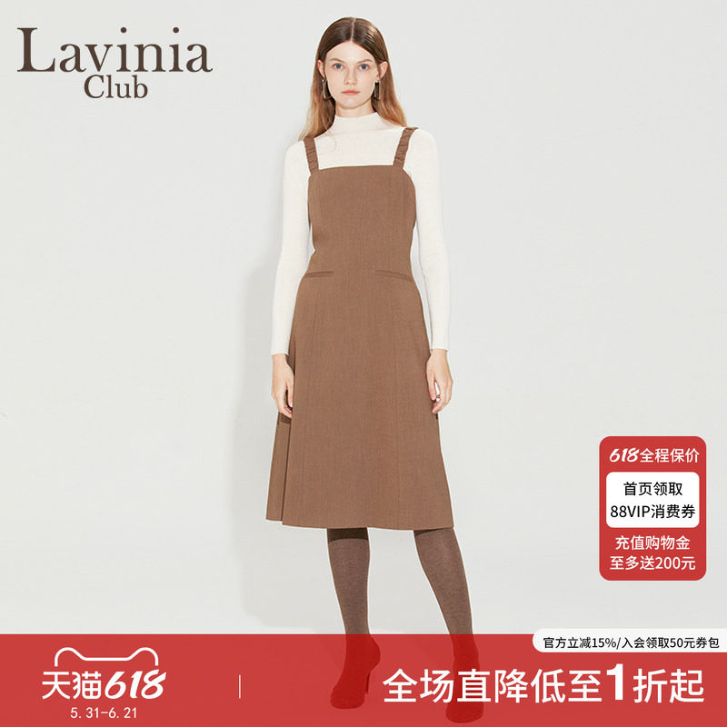 Lavinia方领无袖连衣裙女春秋新款时尚百搭A字束腰显瘦背带裙