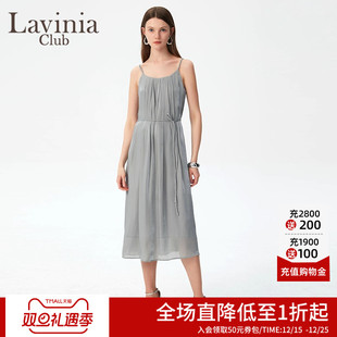 显瘦压褶吊带裙J43L182S 优雅一字领连衣裙夏新款 Lavinia 时尚