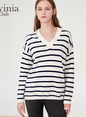 Lavinia 100%羊毛针织衫女春秋新款通勤百搭气质蓝白条纹毛衣