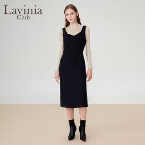 Lavinia赫本风小黑裙春秋新款V领修身显高气质无袖打底吊带连衣裙