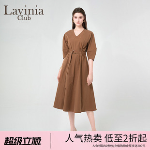 Lavinia 收腰连衣裙v领日常休闲通勤长裙女R45L103 年春秋新款