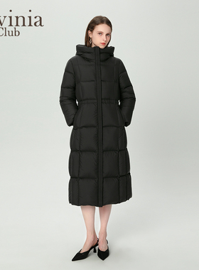 拉维妮娅90鸭绒长款加厚羽绒服女冬新款时尚连帽黑色外套H47Y122