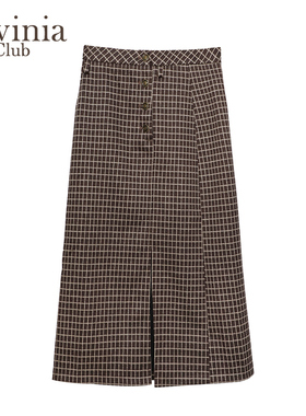 Lavinia复古格纹半身裙女春秋新款职场气质通勤高腰直筒A字包臀裙