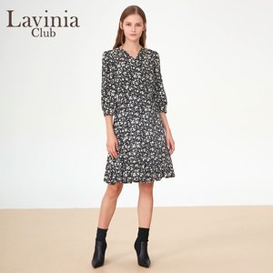 Lavinia 法式v领长袖碎花连衣裙女春季新款气质收腰显瘦裙子