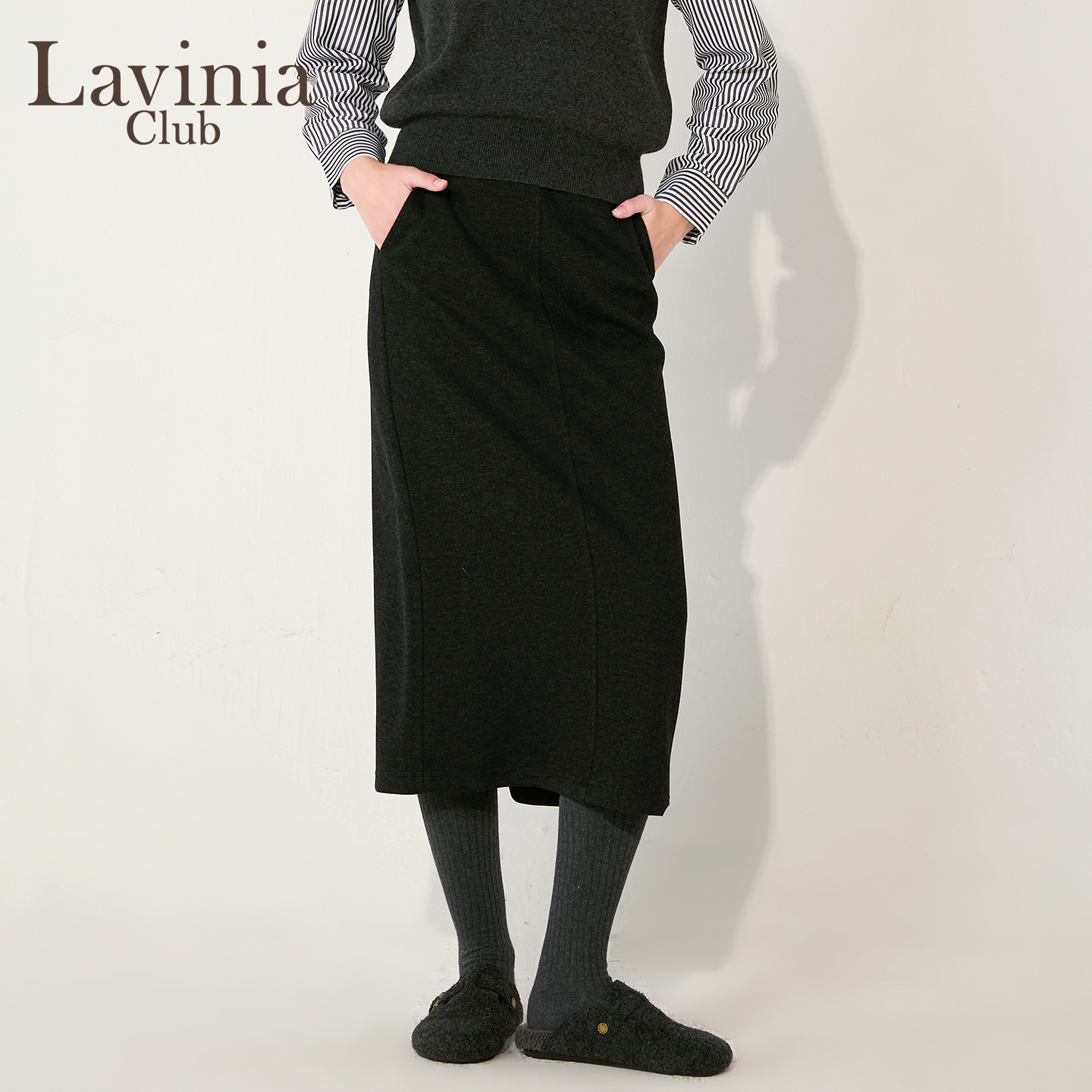 Lavinia2025秋冬新款黑色气质通勤西装直筒过膝包臀半身裙E57Q52