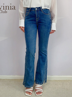 Lavinia 蓝色水洗牛仔裤女夏新款高腰修身显瘦微喇裤Y31K118