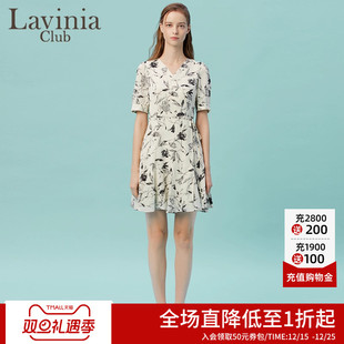 V领显瘦连衣裙女P33L119 风气质短袖 Lavinia女装 水墨风印花新中式