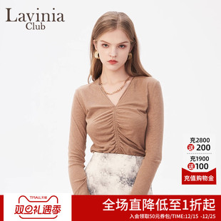 v领拼接褶皱针织T恤衫 Lavinia春秋款 上衣P41T102 商场同款