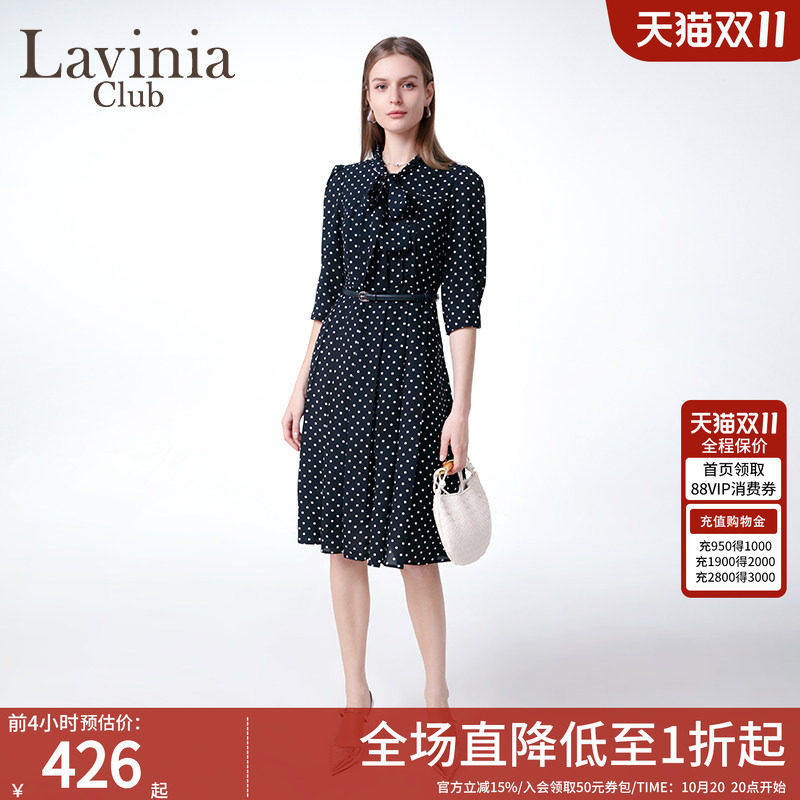 Lavinia波点雪纺连衣裙女春夏新款飘带领泡泡袖设计中长款A字裙子