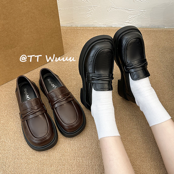 TTWuuu棕色英伦风小皮鞋女秋冬一脚蹬乐福鞋厚底圆头制服鞋jk单鞋